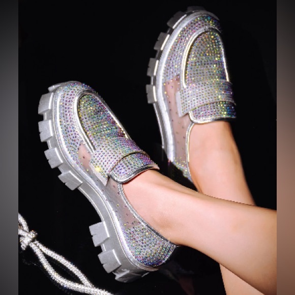 Cape Robbin Abbe Round Toe Mesh Rhinestone Lug Flats - Silver - Picture 1 of 5